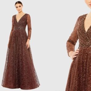 Mac Duggal 20372 Chocolate Brown A Line Ballgown Long Sleeve Illusion Beaded